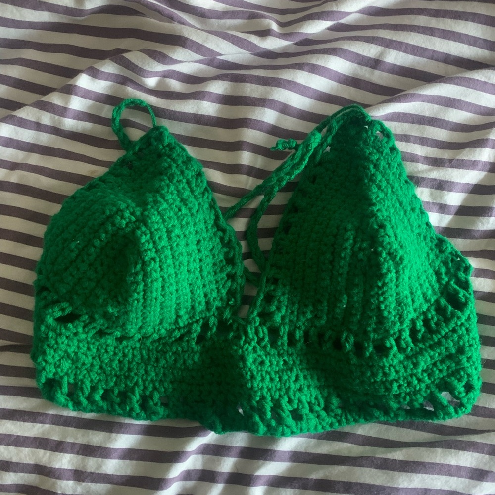 Green Handmade Crochet Bralette Top with Crossing Straps in Back